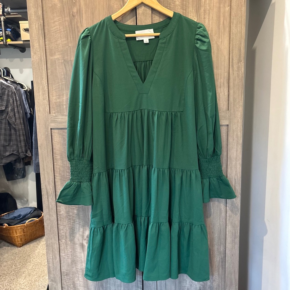 Pomander Place Tuckernuck Kenzo Hunter Green Crepe Tiered Babydoll Dress Large